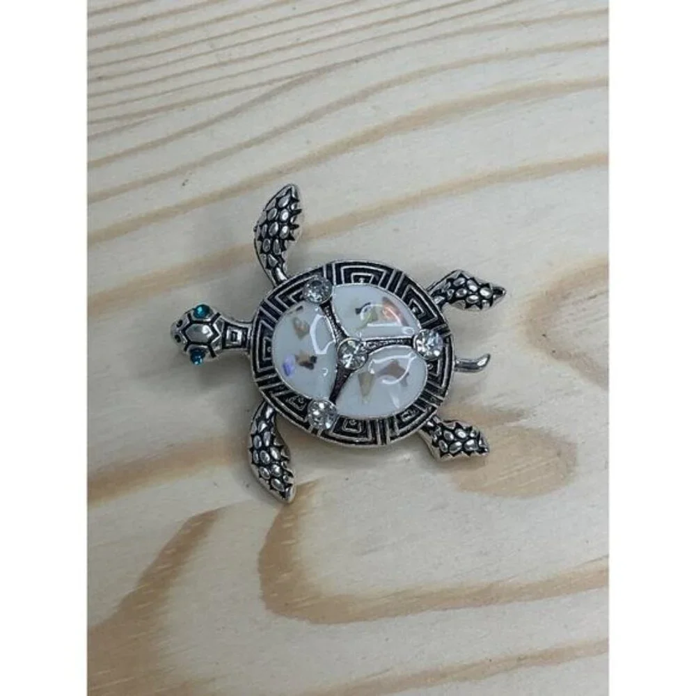 Turtle-Inspired Silver-Tone & Faux Mother-Of-Pearl Brooch Rhinestone Accents